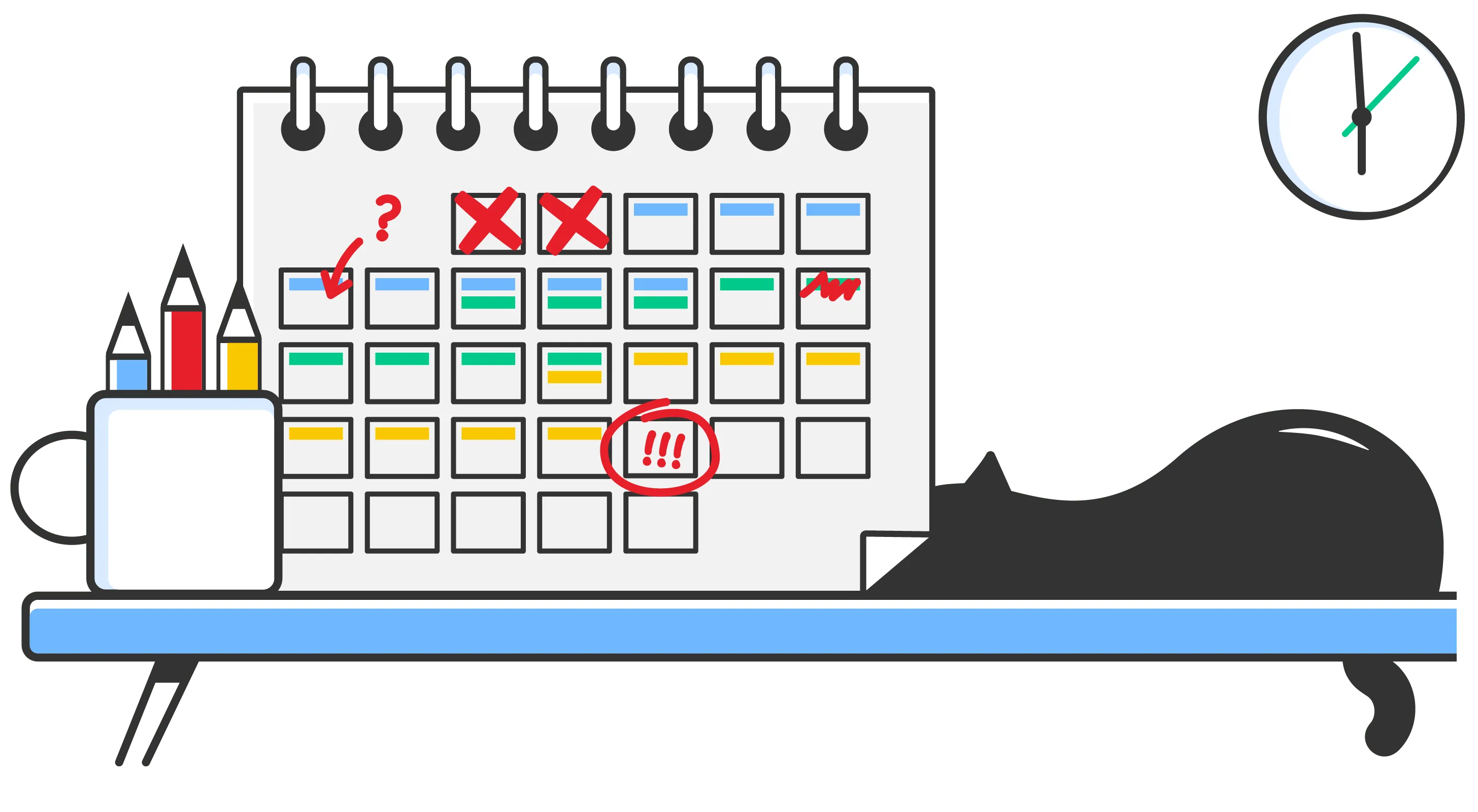 Desk calendar with symbols; mug with pencils and sleeping cat. Clock shows 10:10.