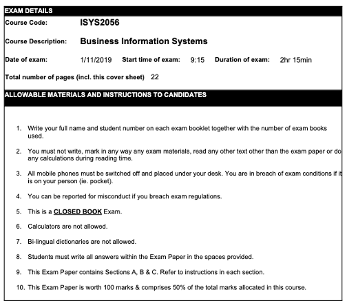 Exam details example including allowable materials