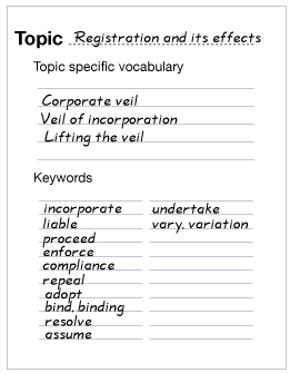 Topic: Registration and its effects. Topic specific vocabulary: corporate veil, veil of incorporation and lifting the veil. Keywords: incorporate, liable, proceed, enforce, compliance, repeal, adopt, bind/binding,resolve, assume, undertake,vary/variation